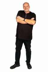 Mature 58-Year-Old Caucasian Man in Stylish Black Attire on White Background