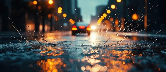 Car headlights illuminated the rainy city streets, with water splashing and spilling on the close-up pavement.