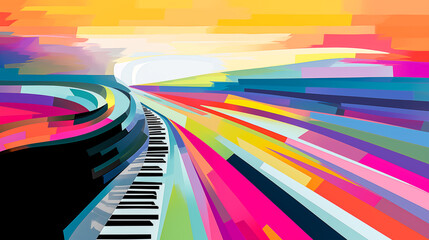 An abstract, colorful depiction of a highway transforming into a piano keyboard, marrying travel with music. - obrazy, fototapety, plakaty