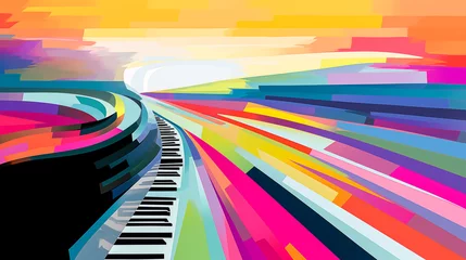 Fotobehang An abstract, colorful depiction of a highway transforming into a piano keyboard, marrying travel with music. © XaMaps