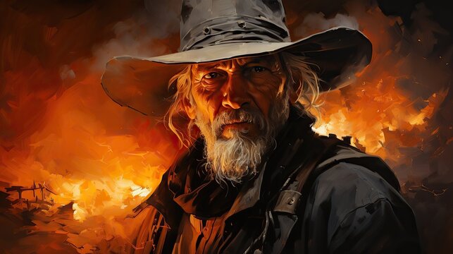 Rugged frontiersman faces flames, undaunted and fierce