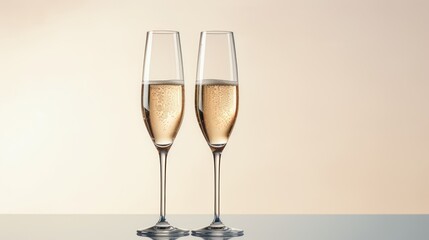  two glasses of champagne sitting next to each other on a table with a light colored wall in the back ground.
