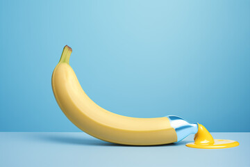 Banana from which yellow toothpaste is squeezed.Minimal creative food concept.