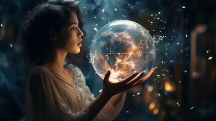  a woman holding a crystal ball in front of her face in a dark room with smoke and bubbles all around her.