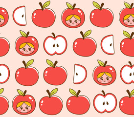 Cute apple character and apple slices seamless pattern. Vector illustration of fruits and girls dressed as apple mascots. Hand drawn elements in adorable cartoon style.