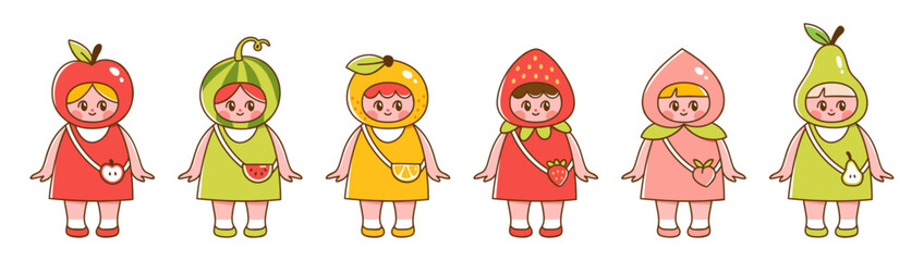 Cute kids in fruit and berry costumes. Vector illustration of girls dressed up as apple, pear, peach, watermelon, strawberry and orange. Fruit mascots in cute cartoon style.