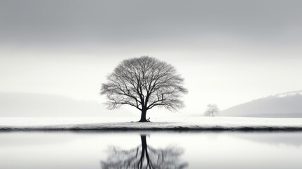  a black and white photo of a lone tree in the middle of a field with a lake in the foreground. - obrazy, fototapety, plakaty