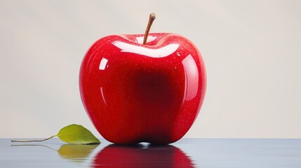  a red apple sitting on top of a table next to a green leaf and a white wall in the background.