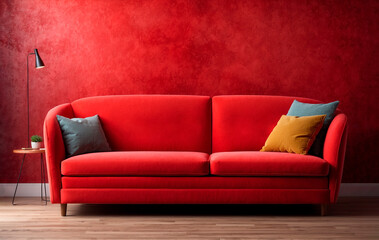 Red sofa on bright red background
