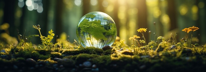 Earth Day - Environment - Green Globe In Forest With Moss And Defocused Abstract Sunlight
