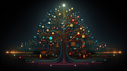 A circuit board in the shape of a Christmas tree with colorful computer chips and circuits, with ambient mood lighting and a black background 