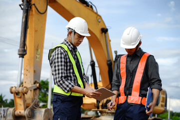 Highway Engineer Consultant and Young engineer planning work together with a technology tablet at...