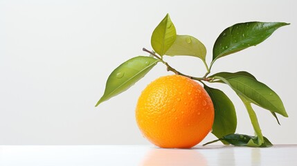  an orange sitting on top of a table next to a green leafy plant on top of a white surface.