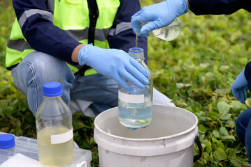 Environmental Engineers Team Take Water Samples at Natural Water Sources in a bottle. Water that...