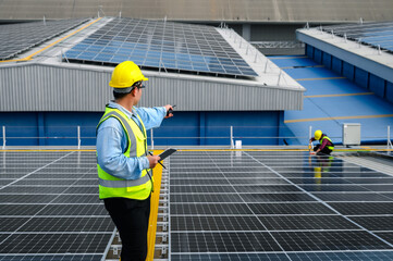 Engineer Inspector Quality in Solar Roof Panel Installation with Worker Installation, Overview of...