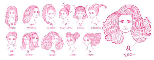 Fototapeta na wymiar Vector illustrations set of zodiac signs line art female face portraits in pink colors