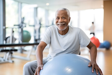 Fototapeta na wymiar Senior African man doing exercise with a swiss ball at a gym