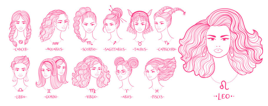 Vector illustrations set of zodiac signs line art female face portraits in pink colors