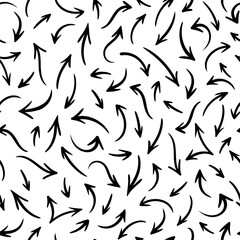Vector seamless pattern with hand drawn black arrows on white background. Abstract different brush arrows. Collection of chaotic doodle elements for design, Brownian motion concept, textile print. - obrazy, fototapety, plakaty