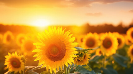 Fototapeta premium Wide field of sunflowers in summer sunset, panorama blur background. Autumn or summer sunflowers background. Shallow depth of field.