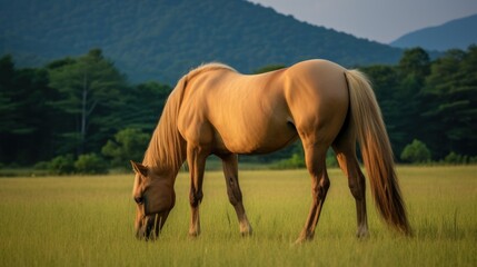 Fototapeta premium Horse grazing in a lawn. Beautiful outdoor background .