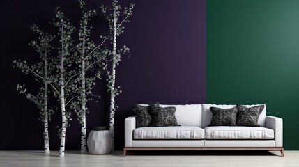A 3D intricate pattern of a birch tree, its white bark and green leaves contrasting against a deep purple wall with a minimalist white sofa