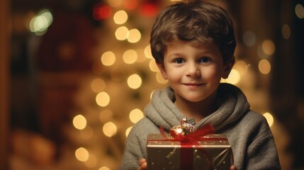 Fototapeta na wymiar Herzlicher Moment: Ein kleiner Junge strahlt vor Freude, w??hrend er ein Geschenk zum Weihnachtsfest erh??lt, in einer realistischen Darstellung mit HD-Kamera