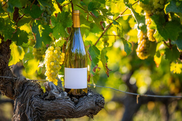 Bouteille de vin blanc au pied d'un cèpe de vigne et des grappes de raisin blanc.