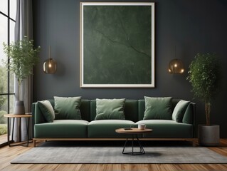 Green wall background, minimalist sofa, marble pattern wooden sofa, grey carpet, poster, lamp and frame