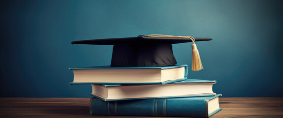 a stack of books with a graduation cap on them
