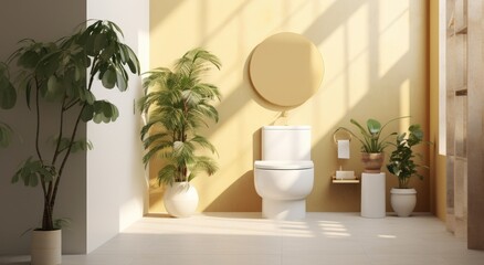 a toilet in modern bathroom with a plant and a white sink