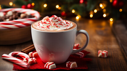 Cup of peppermint coffee mocha decorated with whipped cream and sprinkles of candy canes for Christmas on a wooden table with festive and fairy lights background. Generative AI
