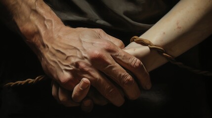  a close up of a person's hands holding another person's hand with a rope on the wrist. - obrazy, fototapety, plakaty