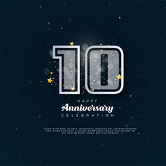 Tenth, 10th Anniversary celebration, 10 Anniversary celebration in black BG, stars, glitters and ribbons, festive illustration, white number 10 sparkling confetti, 10,11