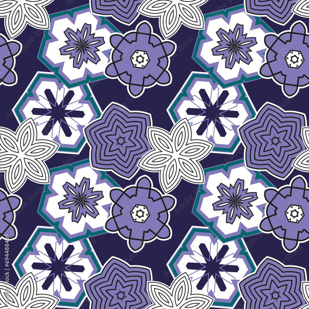 Poster seamless pattern with randomly arranged stylized flowers and other decorative objects. purple palett