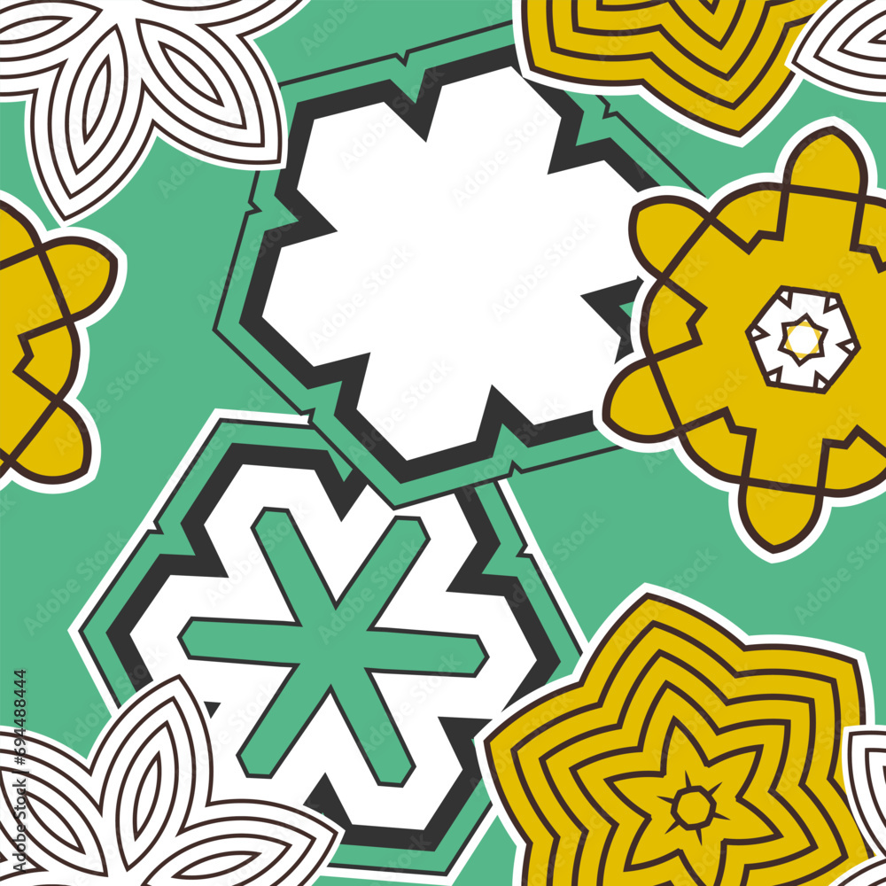 Fototapete seamless pattern with randomly placed decorative objects on a green background. vector illustration