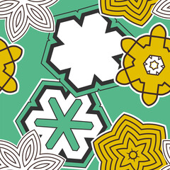 Seamless pattern with randomly placed decorative objects on a green background. Vector illustration