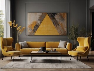 Stylish interior of living room at fancy home with design sofa, yellow side table, dried flowers
