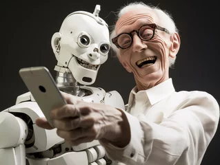 Fotobehang Alter lachender Mann man Selfie mit einem Roboter Pflegeroboter © tobiasott