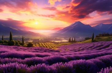 an image of purple lavender fields with sunset over them