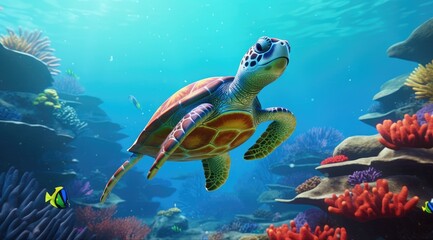 an ocean scene with an turtle and marine life