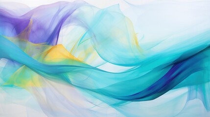  an abstract painting of blue, yellow, and green waves on a white background with a blue sky in the background.