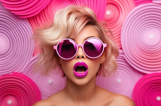 attractive blonde woman posing in sunglasses with her face looking surprised