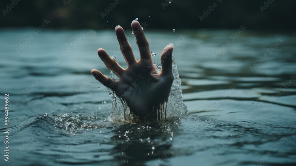 Wall mural a woman's hand rises from the water. lady in the lake. drowning woman reaching for help in sea