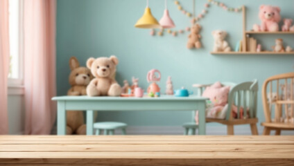 empty wooden table with blur baby bad room background - obrazy, fototapety, plakaty