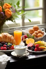 Obraz premium A gourmet morning spread, pastries, fresh fruits, and inviting coffee, plus generous copy space