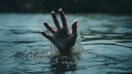 A woman's hand rises from the water. Lady in the Lake. Drowning woman reaching for help in sea - obrazy, fototapety, plakaty