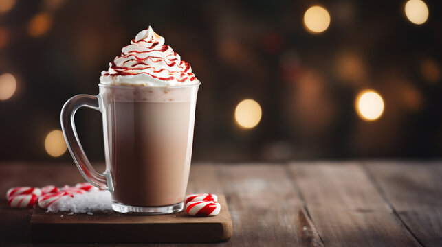 Glass cup of peppermint coffee mocha decorated with whipped cream and sprinkles of candy canes for Christmas on a wooden table with festive and bokeh background. Generative AI