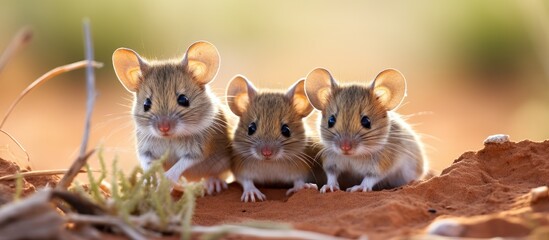 Three field mice with stripes in the Tankwa Karoo region of South Africa. - obrazy, fototapety, plakaty