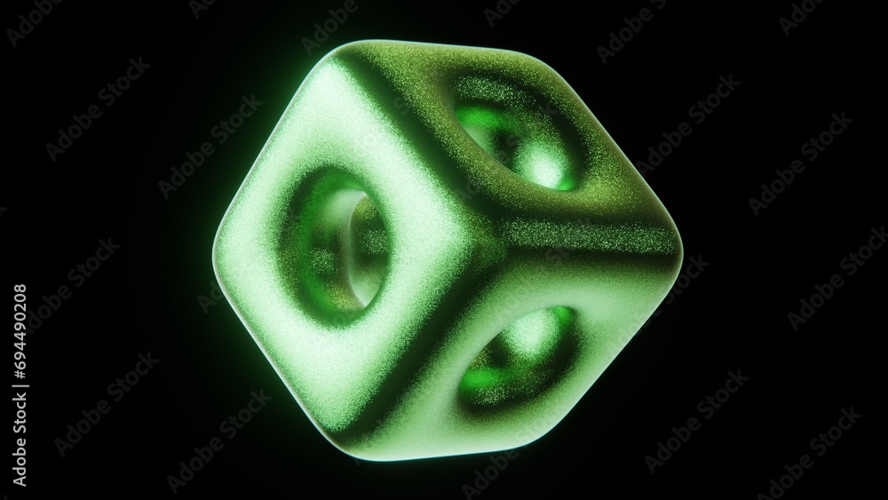 Poster abstract 3d green dice cube with holes object shape on black background glitter shimmer glowing meta